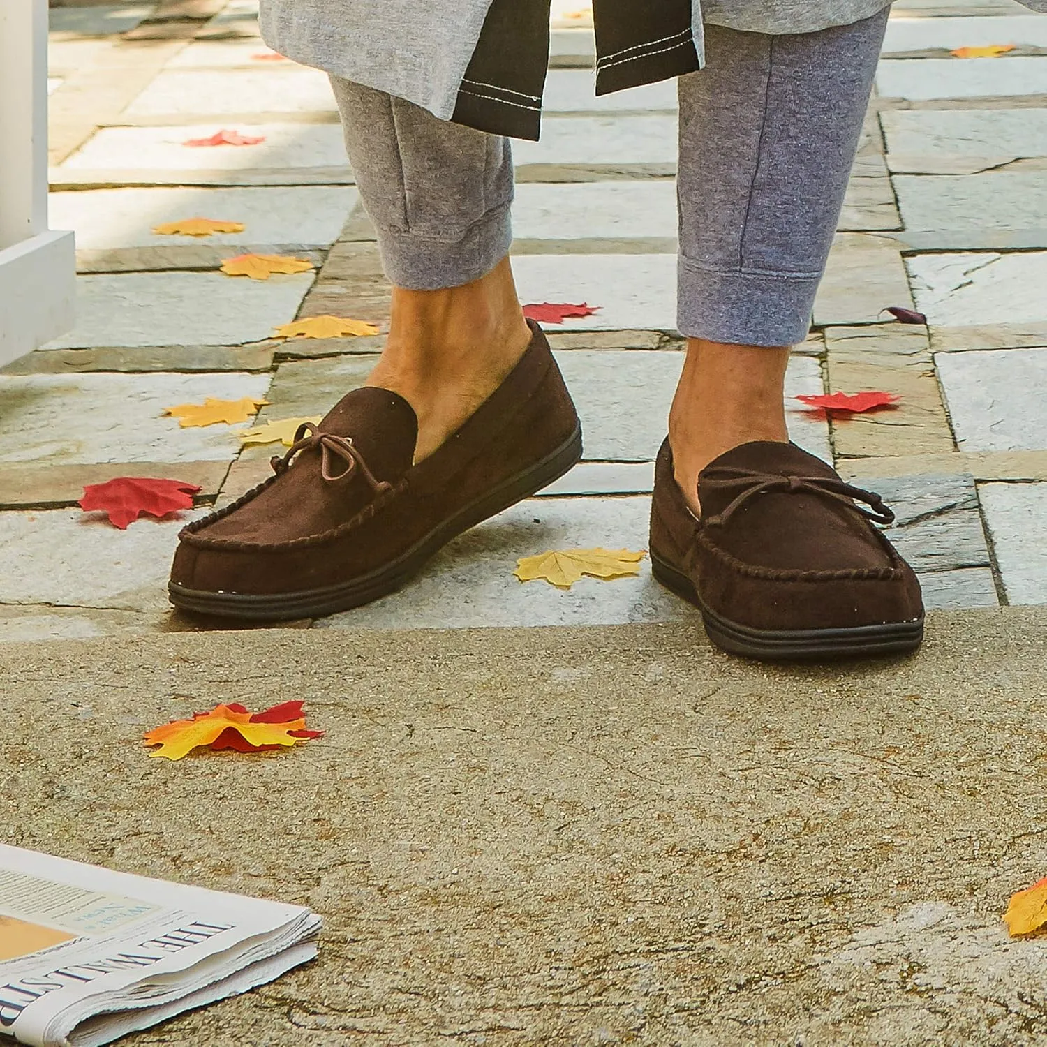 Isotoner Men's Microsuede Moccasin Slippers - Men’s Indoor and Outdoor Sole Slippers, Features Memory Foam for a Customer Fit and Arch Support for All-Day Comfort, Machine Washable