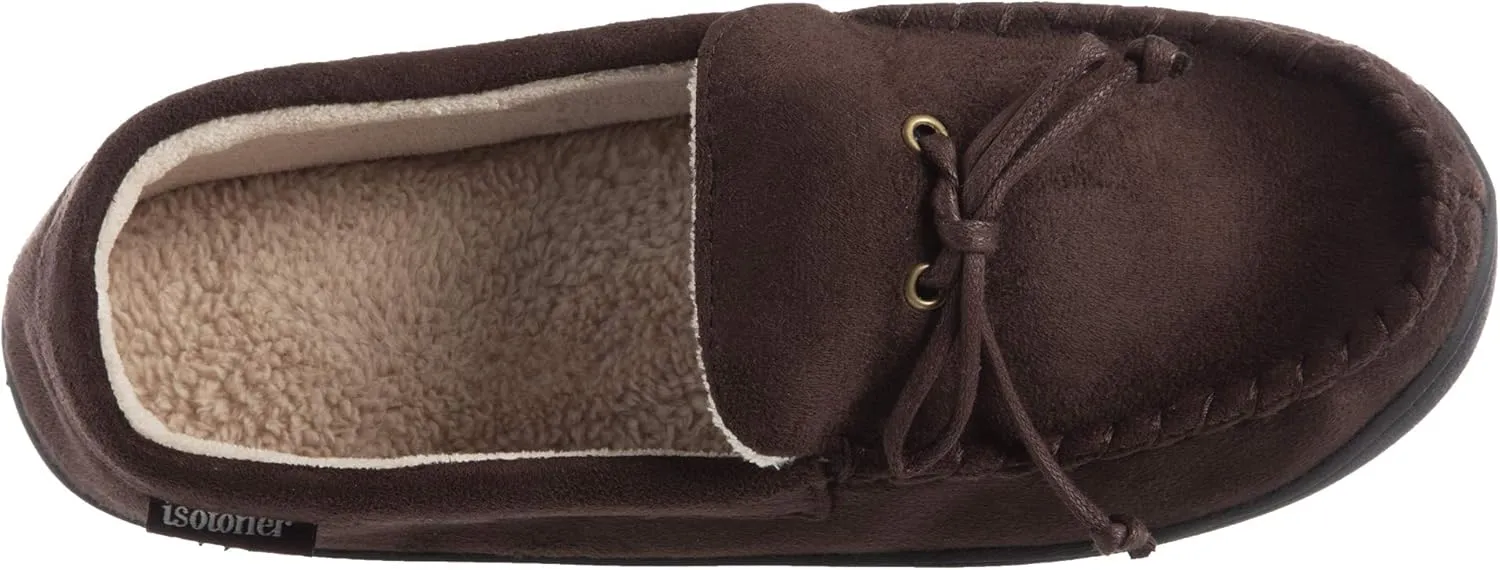 Isotoner Men's Microsuede Moccasin Slippers - Men’s Indoor and Outdoor Sole Slippers, Features Memory Foam for a Customer Fit and Arch Support for All-Day Comfort, Machine Washable