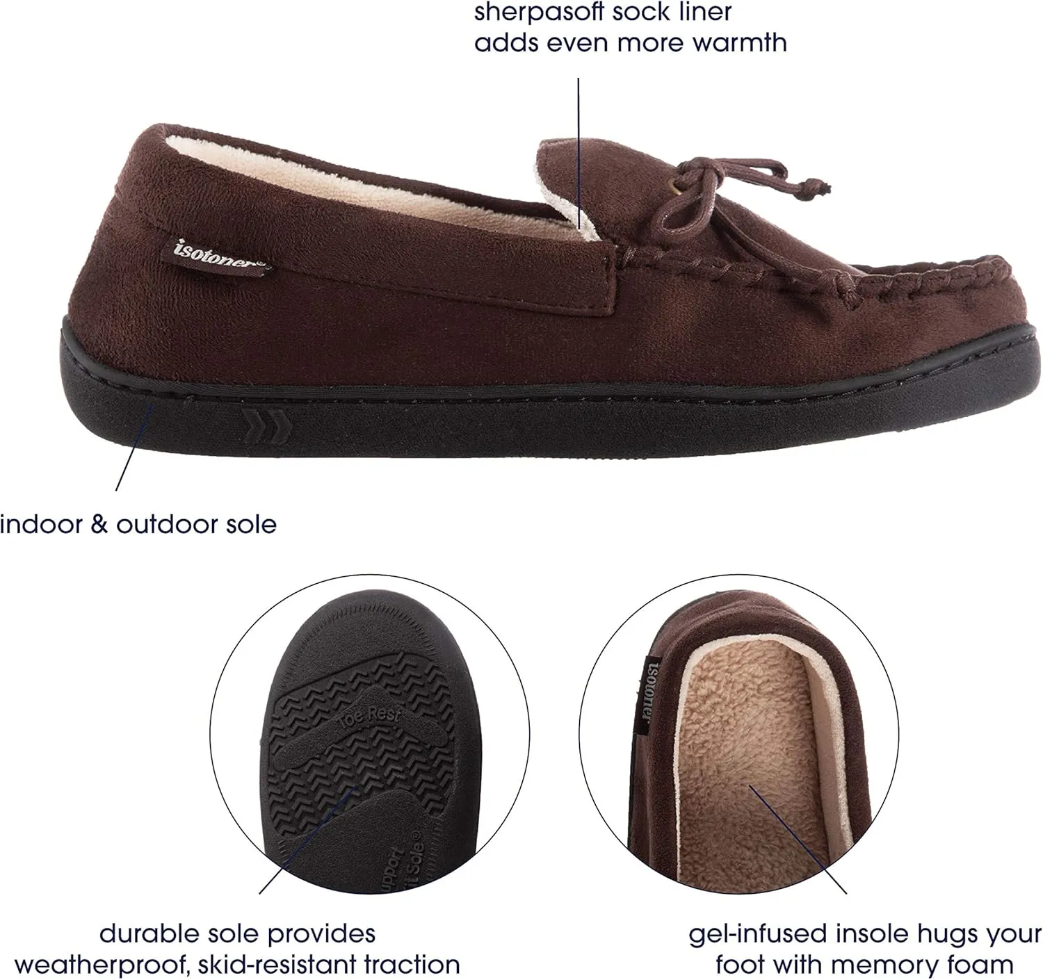 Isotoner Men's Microsuede Moccasin Slippers - Men’s Indoor and Outdoor Sole Slippers, Features Memory Foam for a Customer Fit and Arch Support for All-Day Comfort, Machine Washable