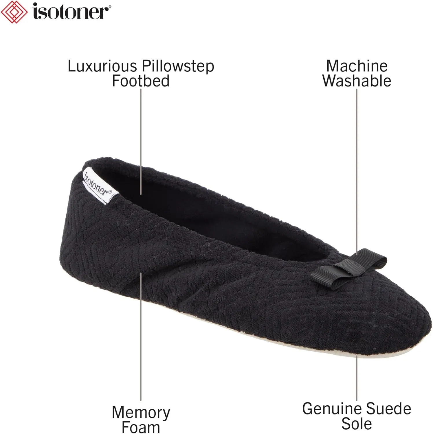 isotoner Women's Diamond Microterry Gemma Ballerina Slippers-Suede Sole with Memory Foam Comfort, Machine Washable