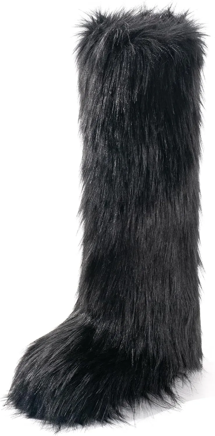 IXU Women's Faux Fur Boot Furry Fluffy Round Toe Suede Winter Comfy Plush Warm Short Outdoor Indoor Flat Shoes Knee-High Boots