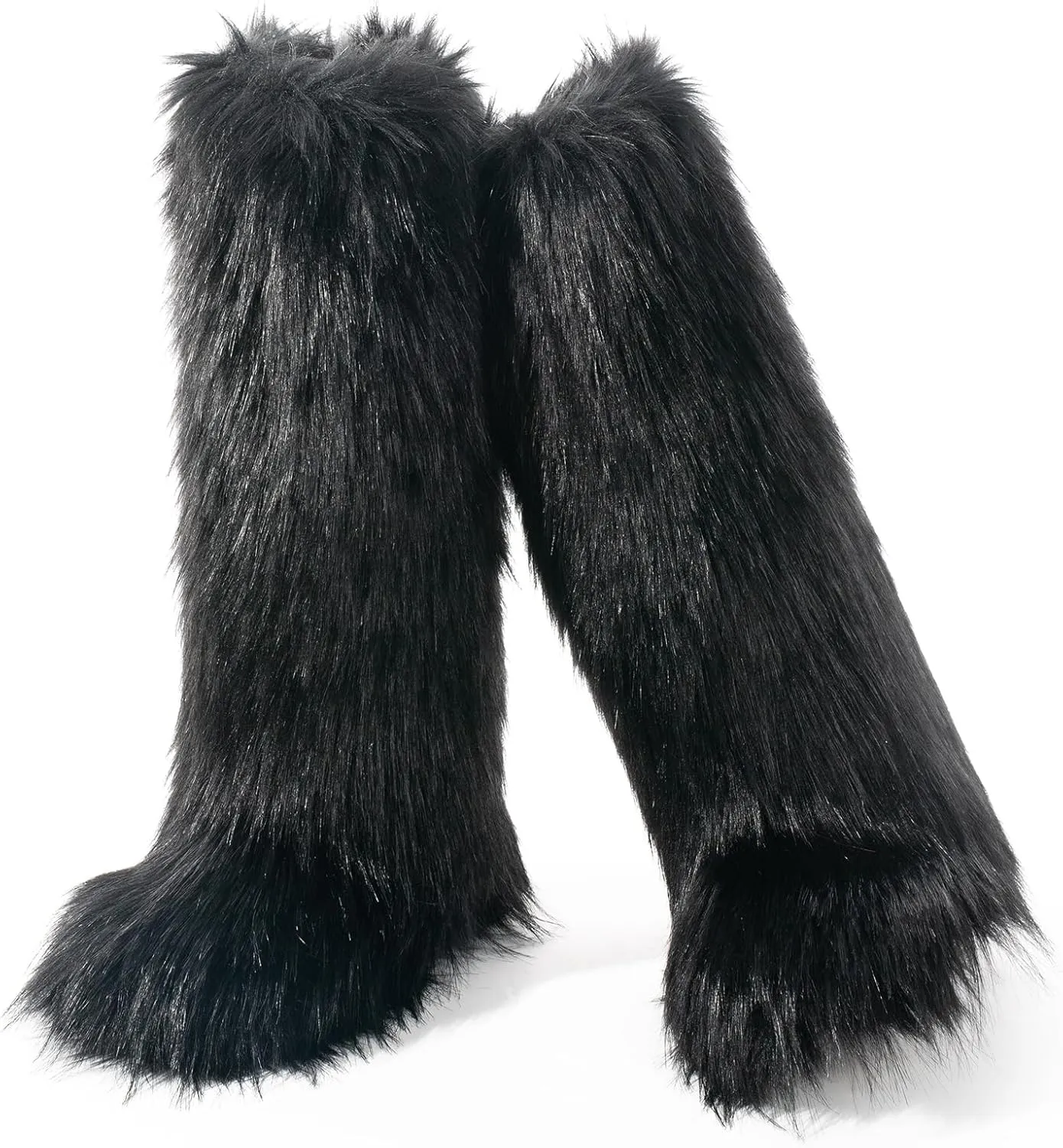 IXU Women's Faux Fur Boot Furry Fluffy Round Toe Suede Winter Comfy Plush Warm Short Outdoor Indoor Flat Shoes Knee-High Boots