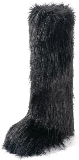 IXU Women's Faux Fur Boot Furry Fluffy Round Toe Suede Winter Comfy Plush Warm Short Outdoor Indoor Flat Shoes Knee-High Boots