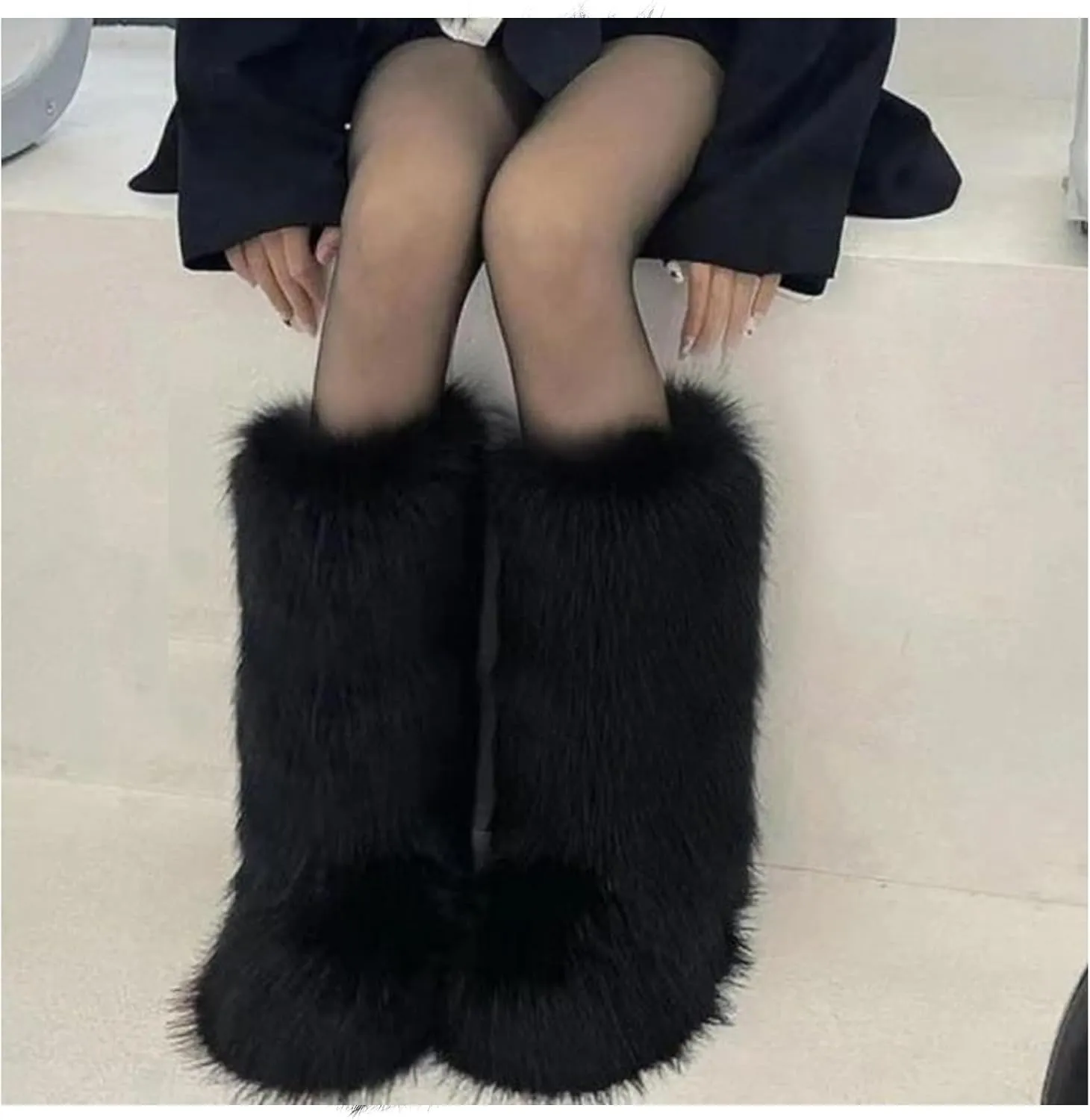 IXU Women's Faux Fur Boot Furry Fluffy Round Toe Suede Winter Comfy Plush Warm Short Outdoor Indoor Flat Shoes Knee-High Boots