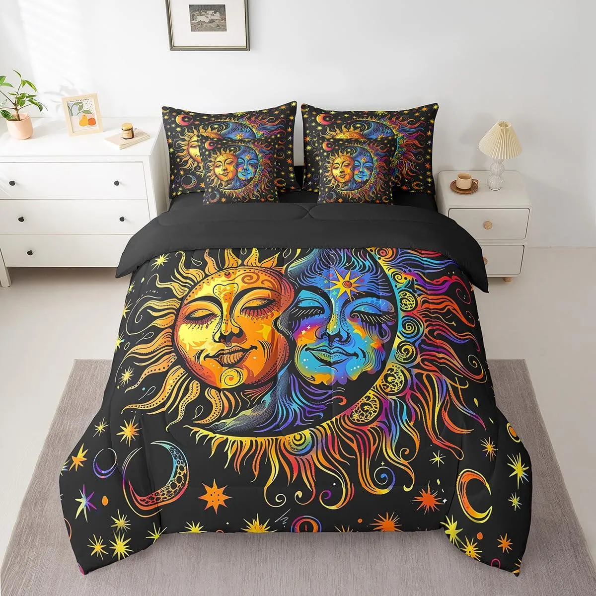 jejeloiu Boys Girls Sun and Moon Bed in a Set Full Size 7 Pieces, Boho Exotic Comforter Set with Sheets Kids Bohemian Bedding Set Cosmic Celestial Teens Bedroom Decor 7Pcs