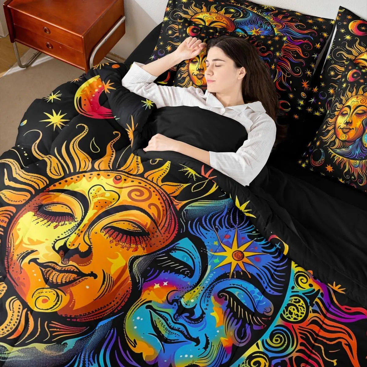 jejeloiu Boys Girls Sun and Moon Bed in a Set Full Size 7 Pieces, Boho Exotic Comforter Set with Sheets Kids Bohemian Bedding Set Cosmic Celestial Teens Bedroom Decor 7Pcs