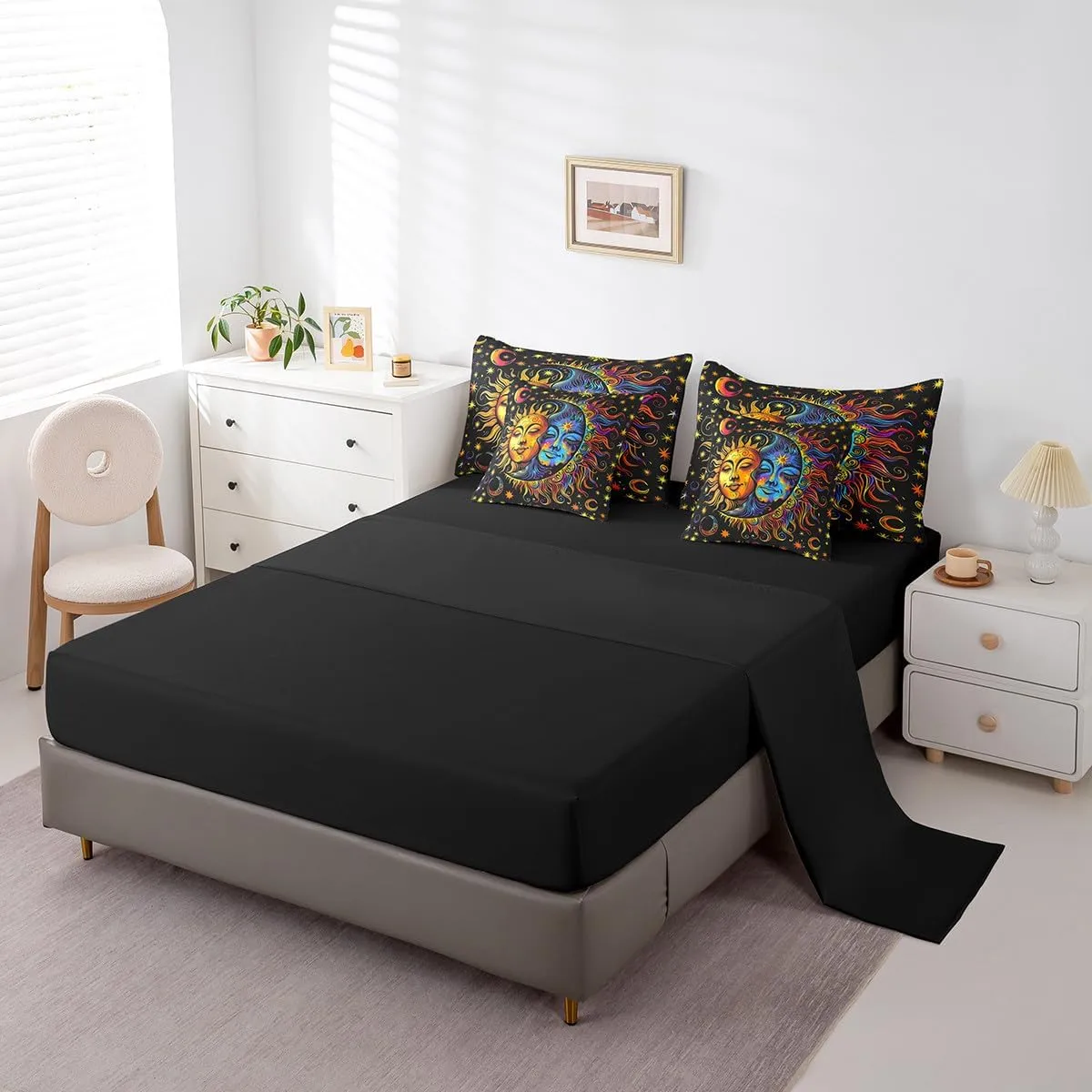 jejeloiu Boys Girls Sun and Moon Bed in a Set Full Size 7 Pieces, Boho Exotic Comforter Set with Sheets Kids Bohemian Bedding Set Cosmic Celestial Teens Bedroom Decor 7Pcs