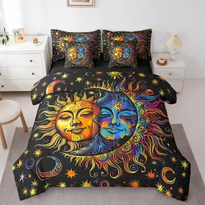 jejeloiu Boys Girls Sun and Moon Bed in a Set Full Size 7 Pieces, Boho Exotic Comforter Set with Sheets Kids Bohemian Bedding Set Cosmic Celestial Teens Bedroom Decor 7Pcs