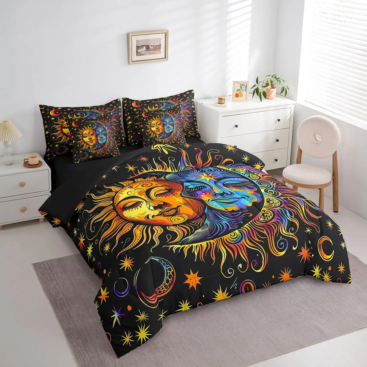 jejeloiu Boys Girls Sun and Moon Bed in a Set Full Size 7 Pieces, Boho Exotic Comforter Set with Sheets Kids Bohemian Bedding Set Cosmic Celestial Teens Bedroom Decor 7Pcs