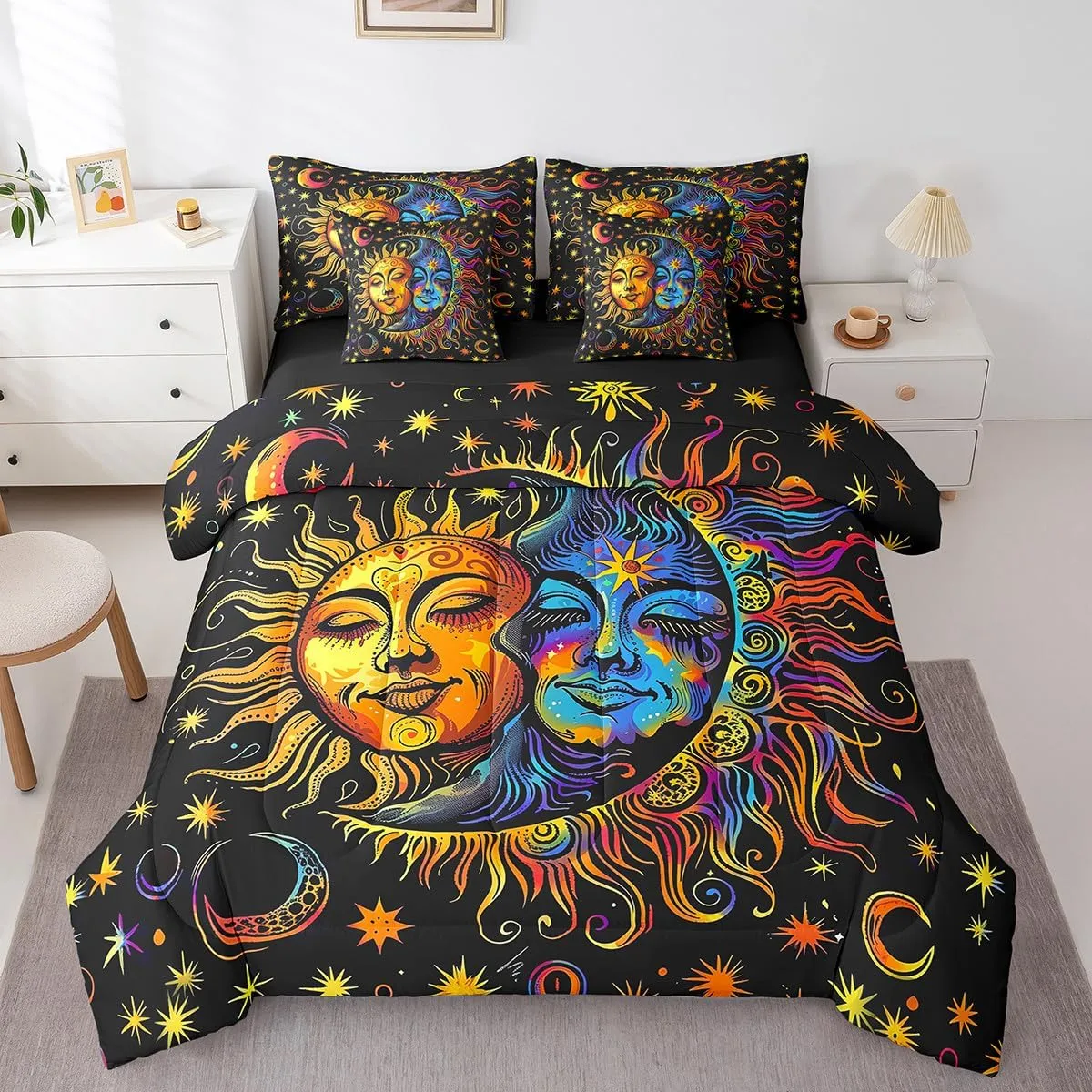 jejeloiu Boys Girls Sun and Moon Bed in a Set Full Size 7 Pieces, Boho Exotic Comforter Set with Sheets Kids Bohemian Bedding Set Cosmic Celestial Teens Bedroom Decor 7Pcs