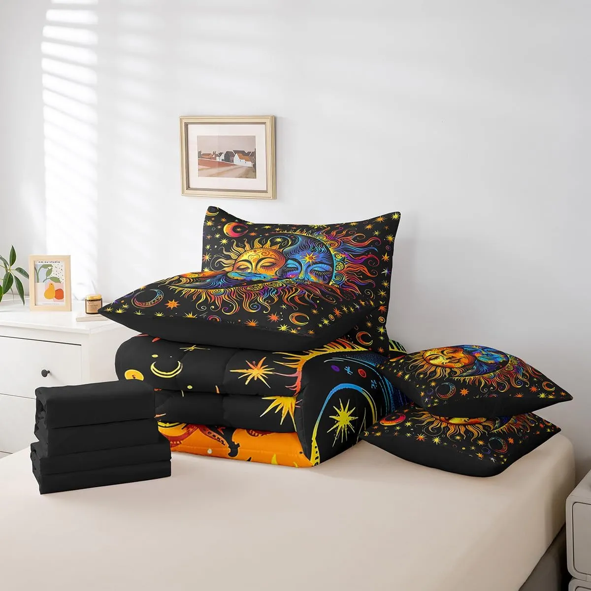 jejeloiu Boys Girls Sun and Moon Bed in a Set Full Size 7 Pieces, Boho Exotic Comforter Set with Sheets Kids Bohemian Bedding Set Cosmic Celestial Teens Bedroom Decor 7Pcs