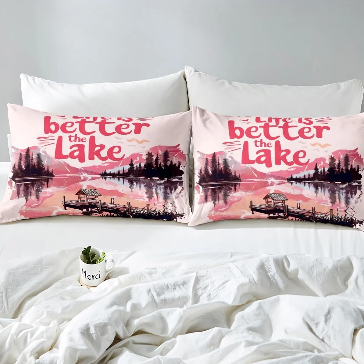 jejeloiu Pink Lake Bed Sheets Set Full Size Kids Lakeside Fishing Fitted Sheet with Deep Pocket for Boys Girls Teens Cabin Mountain Bedding Set Breathable Tree Bedroom Decor