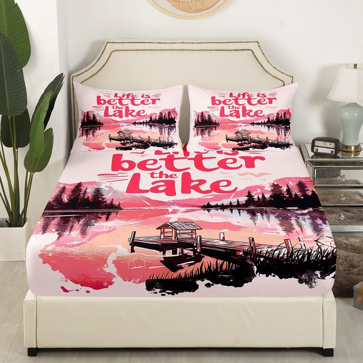 jejeloiu Pink Lake Bed Sheets Set Full Size Kids Lakeside Fishing Fitted Sheet with Deep Pocket for Boys Girls Teens Cabin Mountain Bedding Set Breathable Tree Bedroom Decor