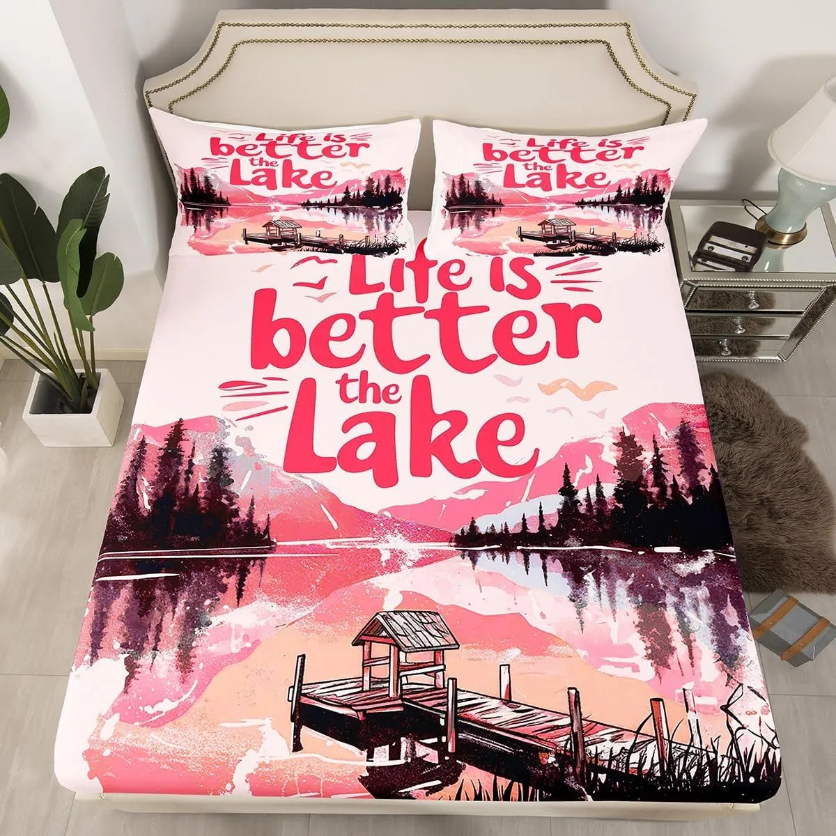 jejeloiu Pink Lake Bed Sheets Set Full Size Kids Lakeside Fishing Fitted Sheet with Deep Pocket for Boys Girls Teens Cabin Mountain Bedding Set Breathable Tree Bedroom Decor