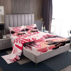 jejeloiu Pink Lake Bed Sheets Set Full Size Kids Lakeside Fishing Fitted Sheet with Deep Pocket for Boys Girls Teens Cabin Mountain Bedding Set Breathable Tree Bedroom Decor