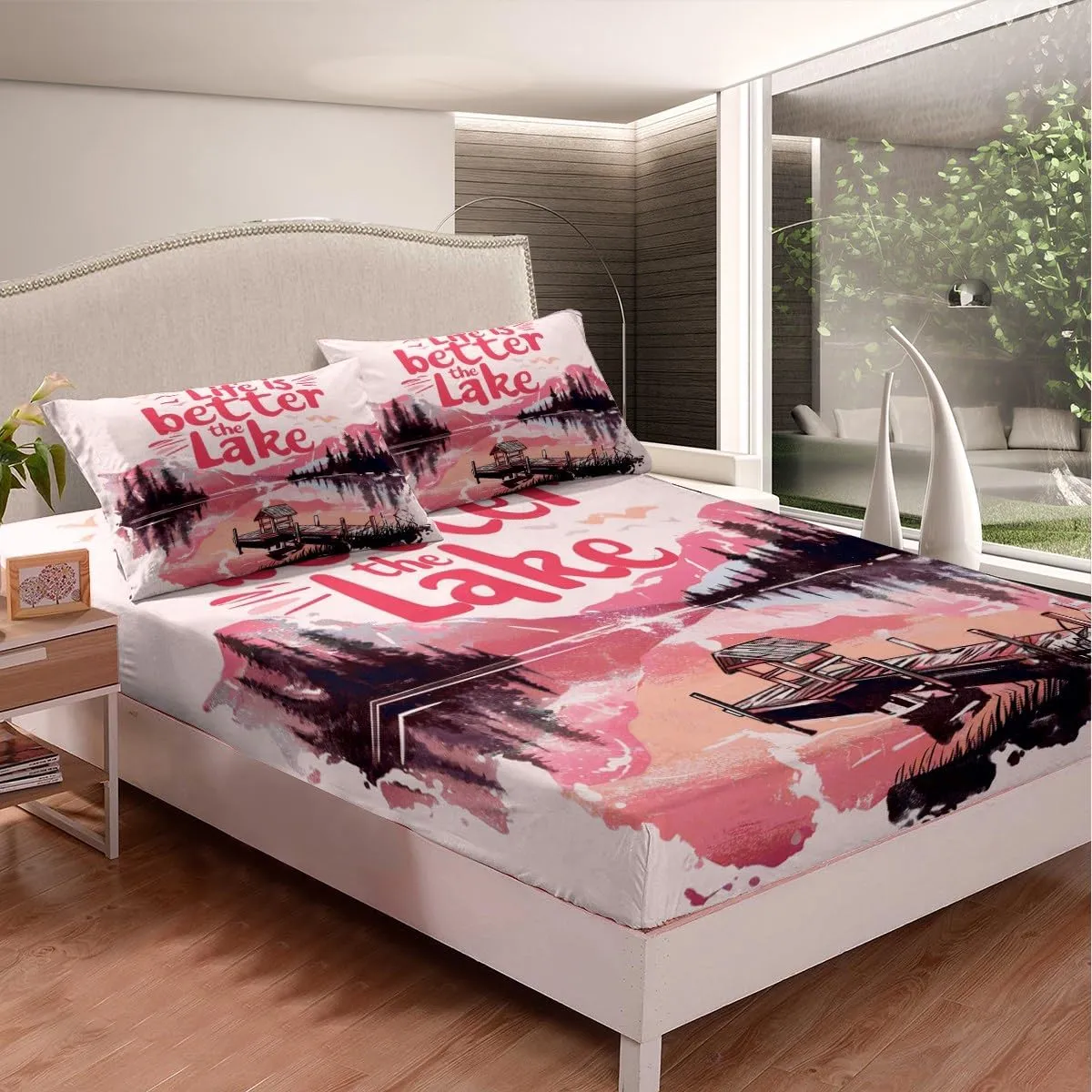 jejeloiu Pink Lake Bed Sheets Set Full Size Kids Lakeside Fishing Fitted Sheet with Deep Pocket for Boys Girls Teens Cabin Mountain Bedding Set Breathable Tree Bedroom Decor