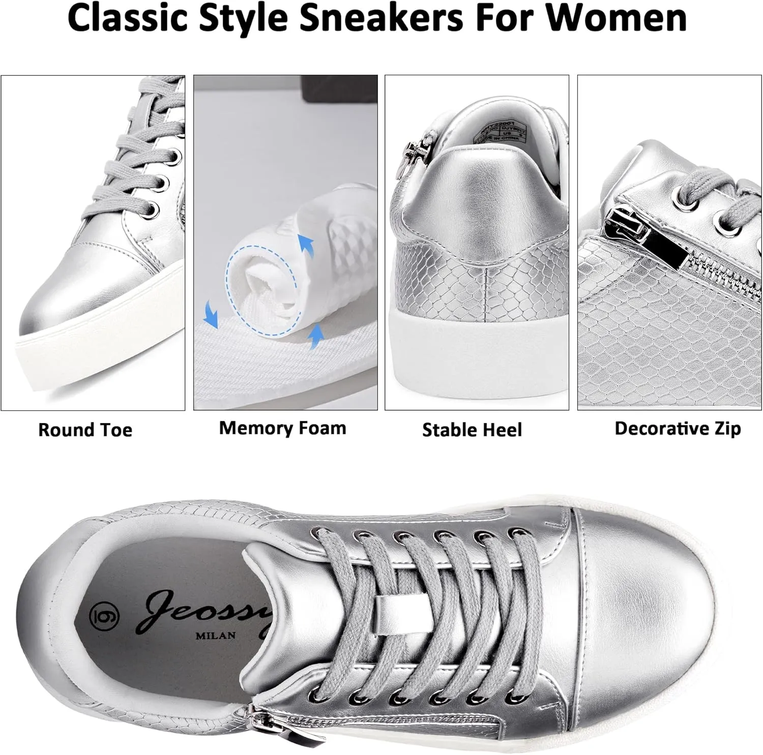 Jeossy Women's Flat Low Top Casual Fashion Sneakers Round Toe Shoes with Zipper
