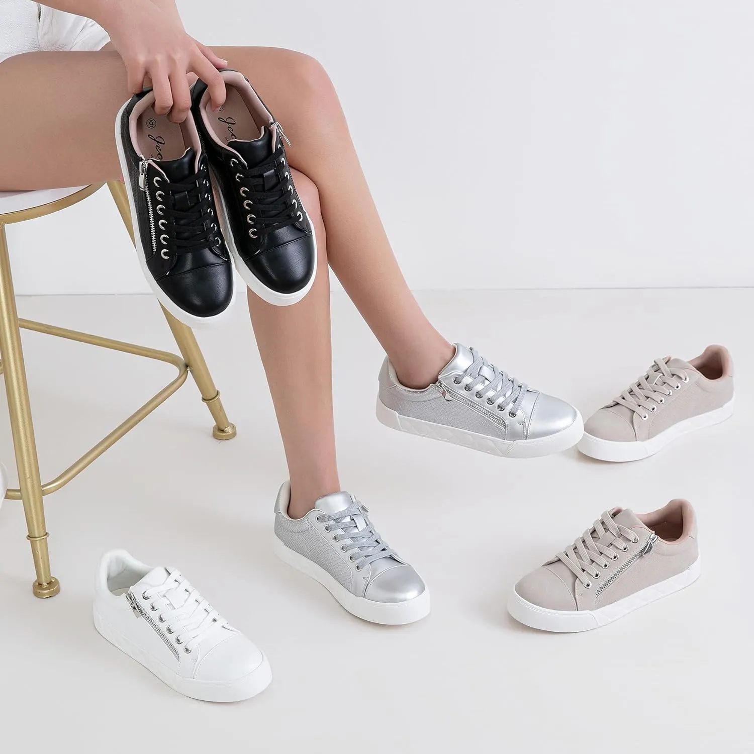 Jeossy Women's Flat Low Top Casual Fashion Sneakers Round Toe Shoes with Zipper