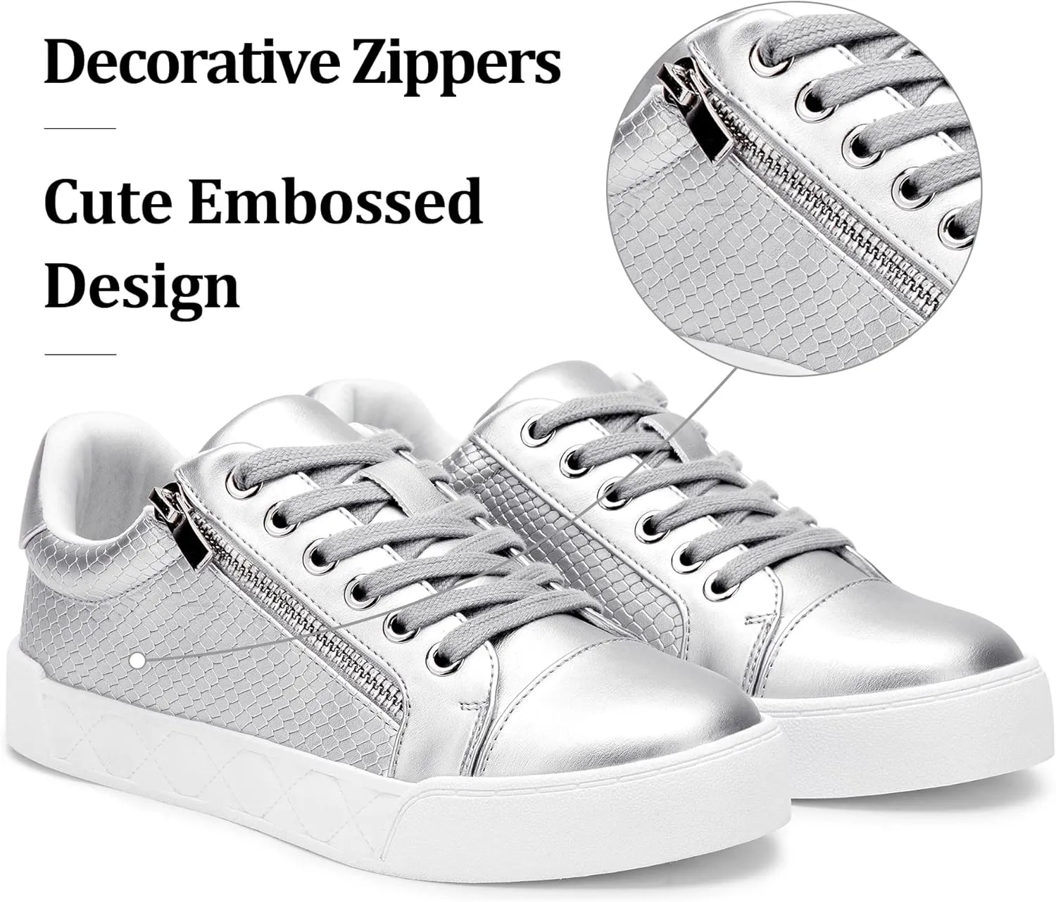 Jeossy Women's Flat Low Top Casual Fashion Sneakers Round Toe Shoes with Zipper