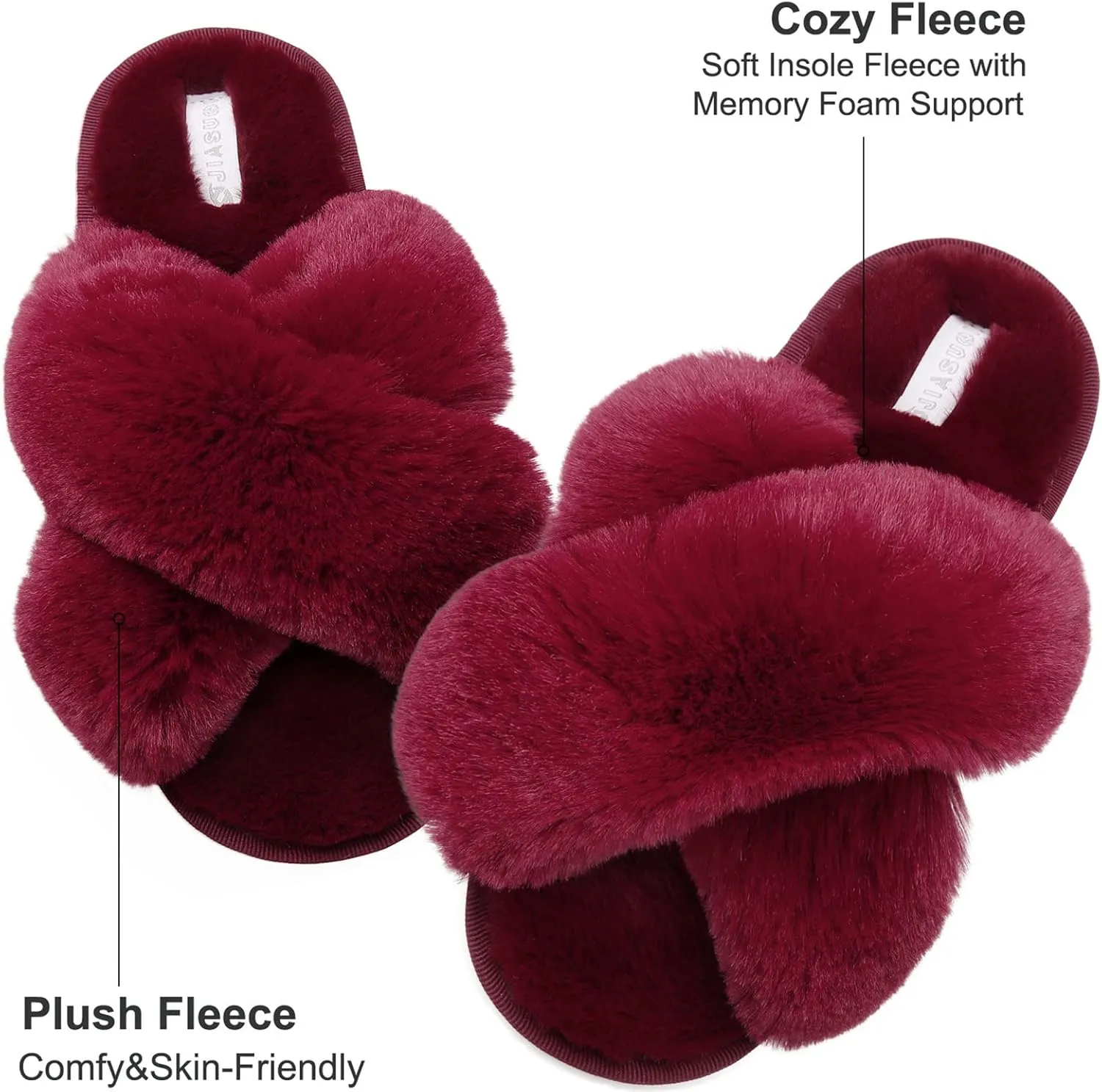 JIASUQI Women's Open Toe Slippers Fuzzy Fluffy House Slippers for Women Cozy Criss Cross Furry Slides Slippers