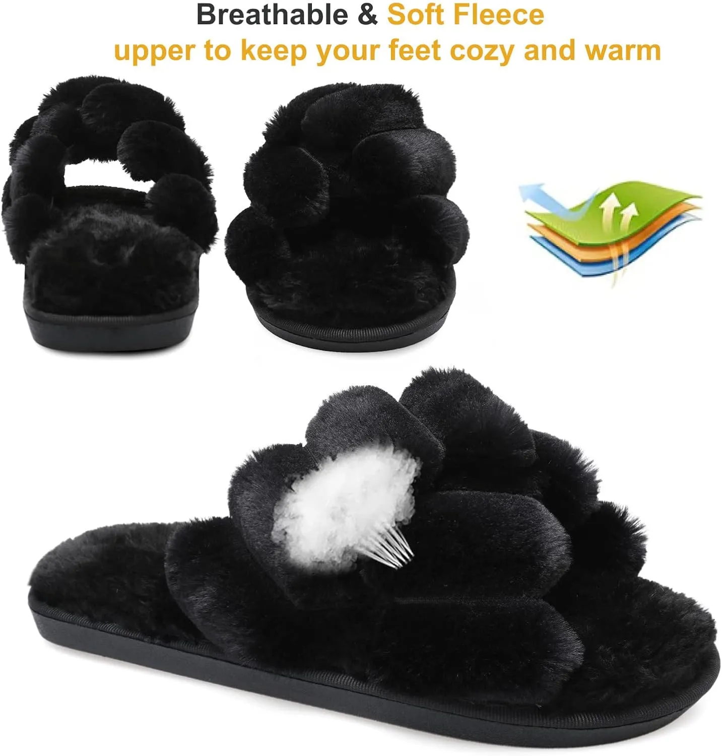 JIASUQI Women's Open Toe Slippers Fuzzy Fluffy House Slippers for Women Cozy Criss Cross Furry Slides Slippers