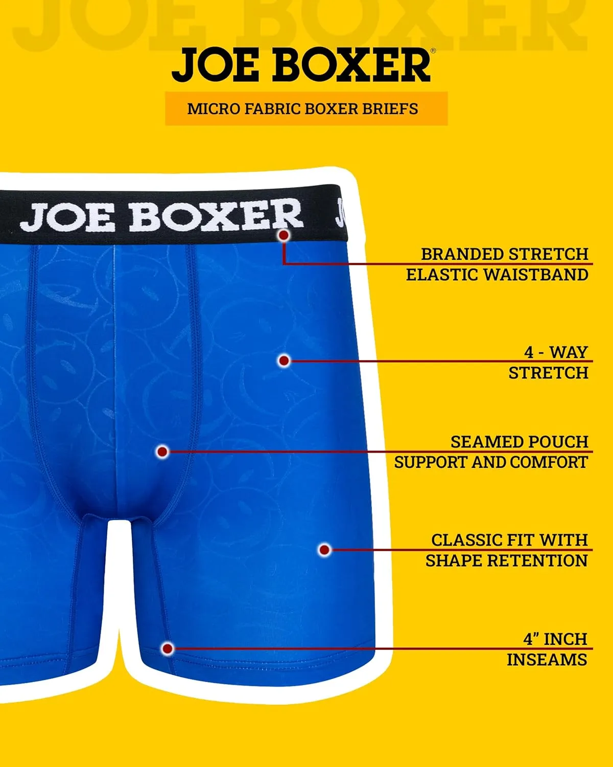 JOE BOXER Mens Microfiber Boxer Briefs 4-Pack, Smooth Spandex-Polyester Boxer Briefs for Men, Microfiber Underwear