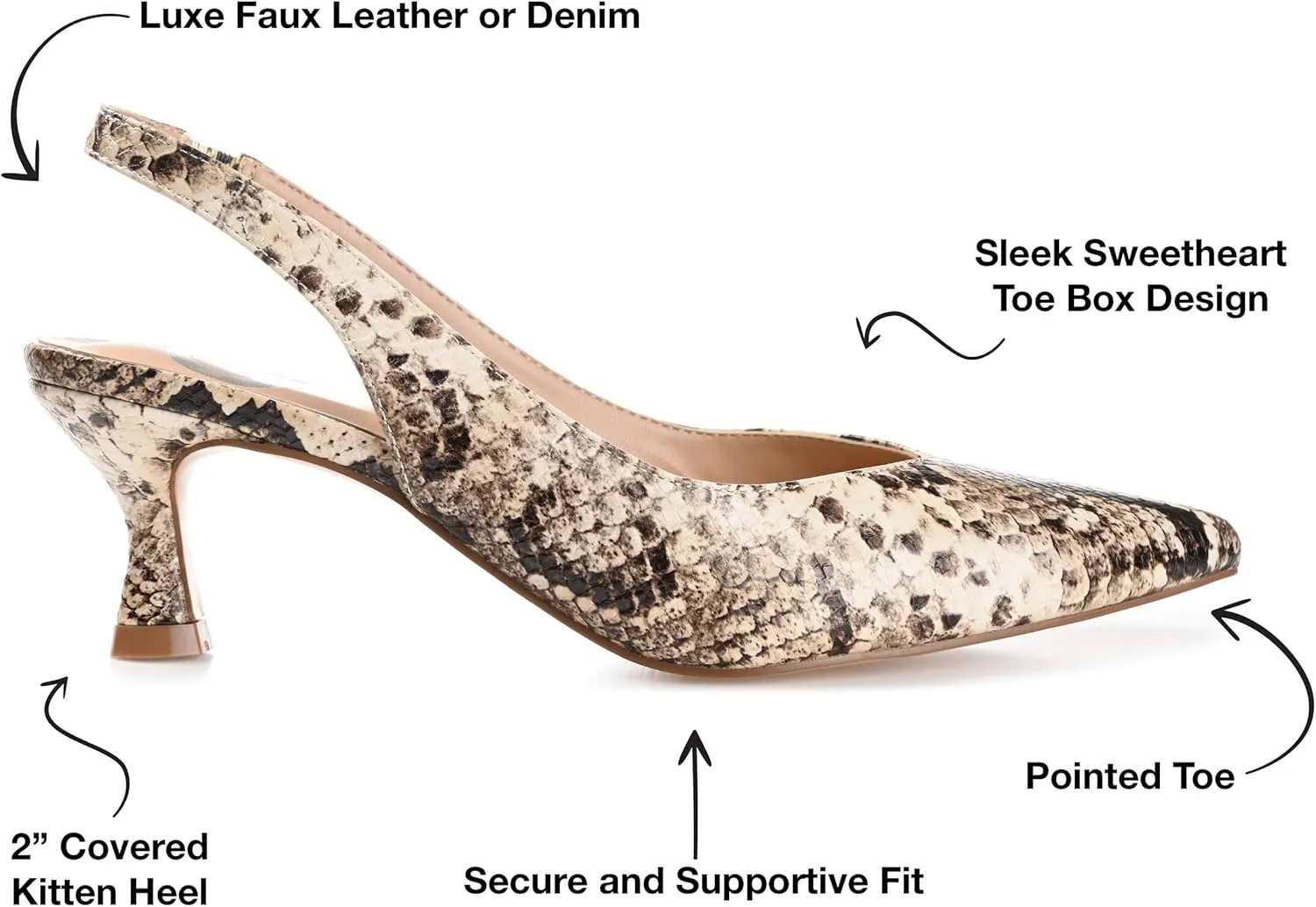 Journee Womens Low Kitten Heel Slingback Closed Pointed Toe Pump Slip On Snake Print Mikoa Slides