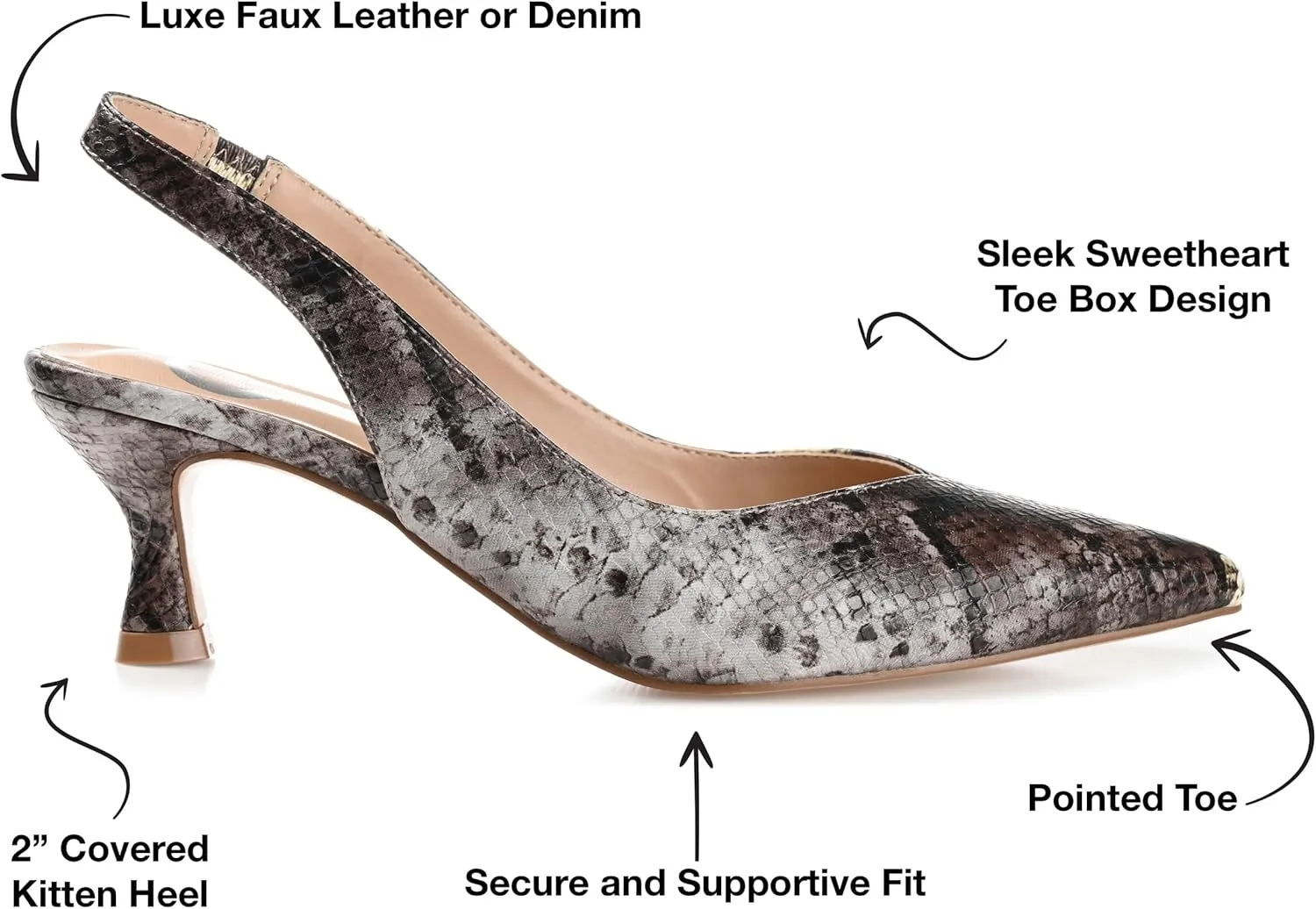 Journee Womens Low Kitten Heel Slingback Closed Pointed Toe Pump Slip On Snake Print Mikoa Slides