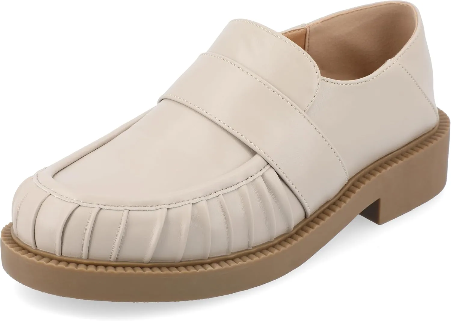 Journee Womens Ruched Lakenn Comfort Foam Slip On Closed Round Toe Crash Back Block Heel Loafer Flats Stone, 6