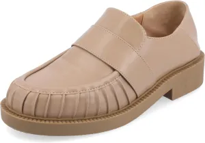 Journee Womens Ruched Lakenn Comfort Foam Slip On Closed Round Toe Crash Back Block Heel Loafer Flats Taupe, 8.5