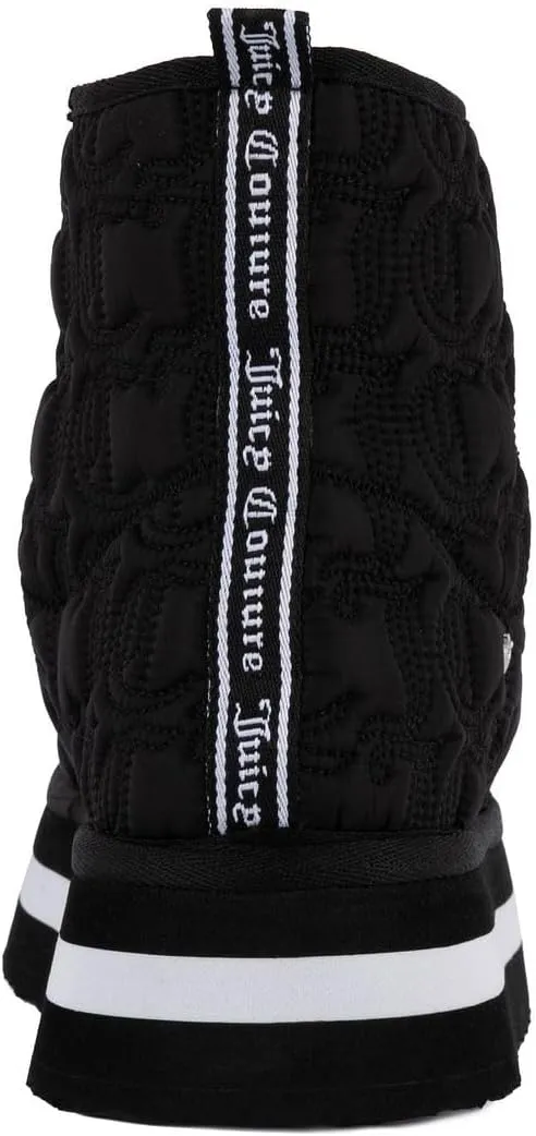 JUICY COUTURE Women's Quilted Slip-On Winter Boots – Waterproof, Warm Mid-Calf Snow Booties with Logo Strap-Kissie