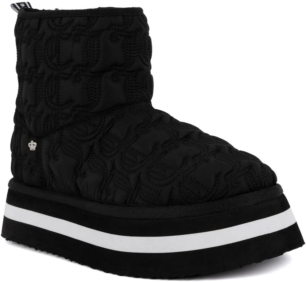 JUICY COUTURE Women's Quilted Slip-On Winter Boots – Waterproof, Warm Mid-Calf Snow Booties with Logo Strap-Kissie