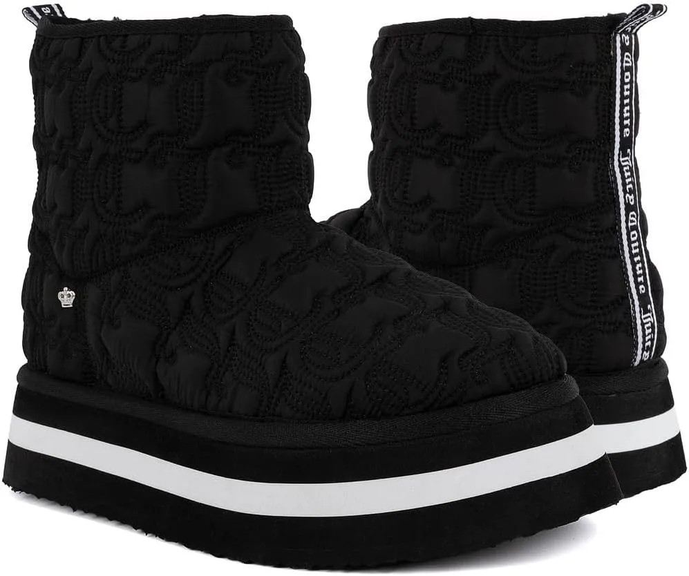 JUICY COUTURE Women's Quilted Slip-On Winter Boots – Waterproof, Warm Mid-Calf Snow Booties with Logo Strap-Kissie