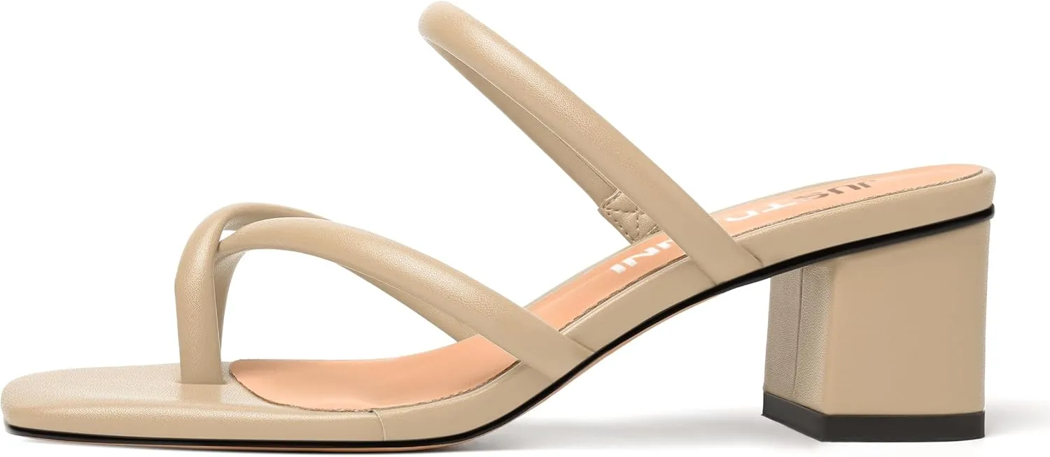 JUSTDANNI Womens Dating Comfortable Square Toe Strappy Matte Dress Slip On Block Low Heel Heeled Sandals 2 Inch