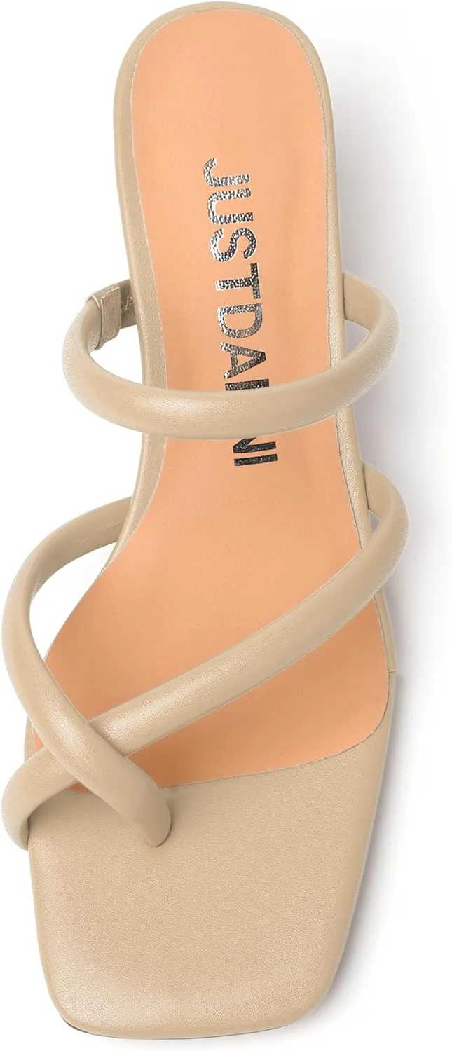 JUSTDANNI Womens Dating Comfortable Square Toe Strappy Matte Dress Slip On Block Low Heel Heeled Sandals 2 Inch