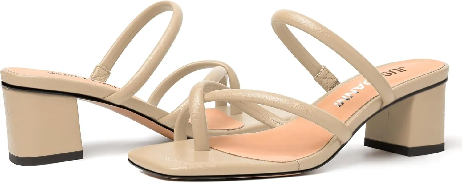JUSTDANNI Womens Dating Comfortable Square Toe Strappy Matte Dress Slip On Block Low Heel Heeled Sandals 2 Inch