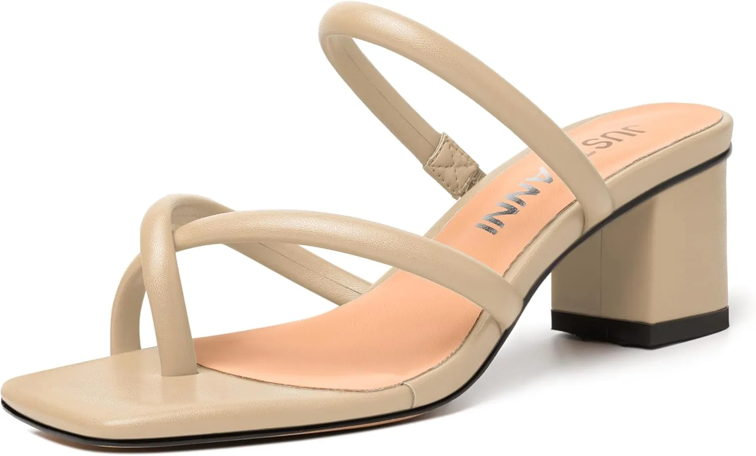 JUSTDANNI Womens Dating Comfortable Square Toe Strappy Matte Dress Slip On Block Low Heel Heeled Sandals 2 Inch