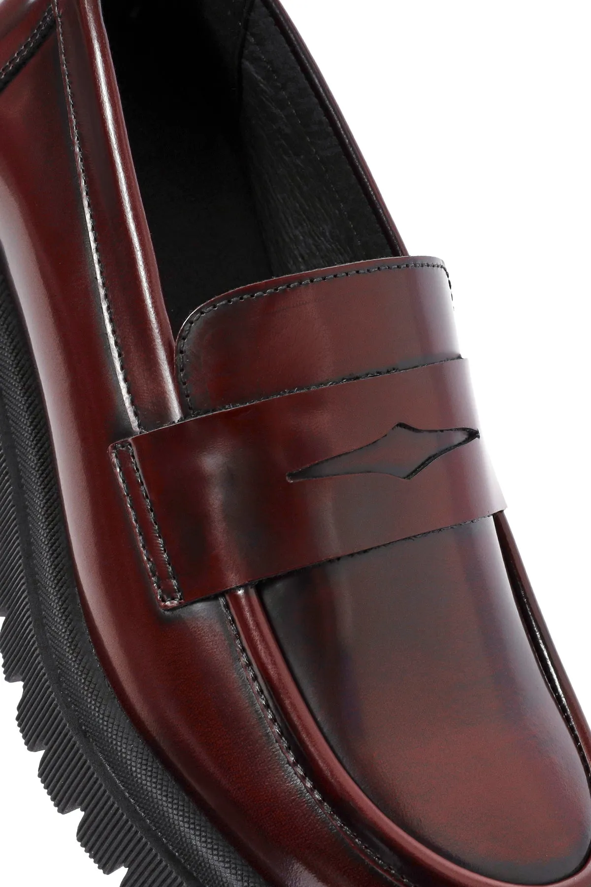 Kadın Bordo Kalın Tabanlı Deri Loafer
