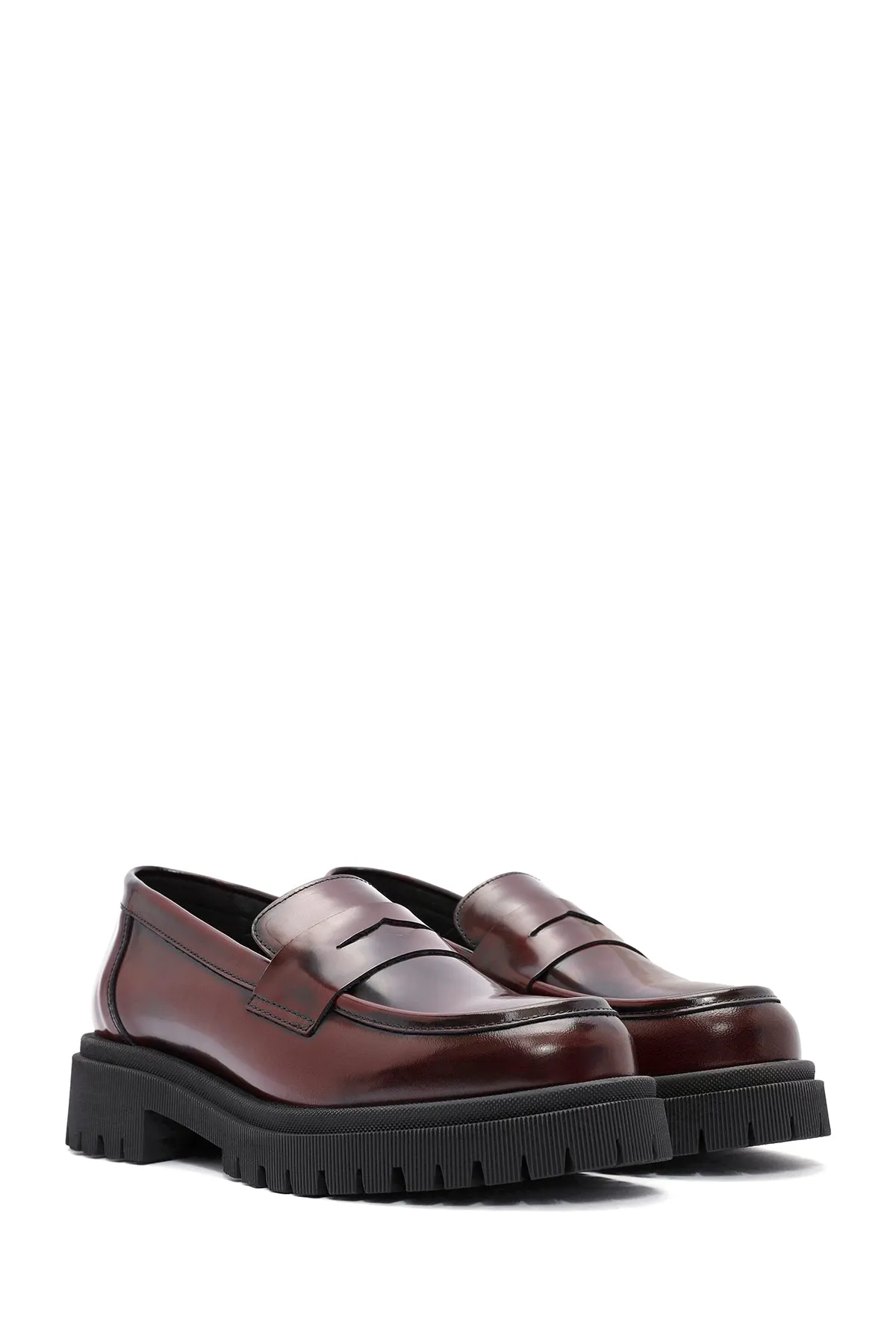 Kadın Bordo Kalın Tabanlı Deri Loafer