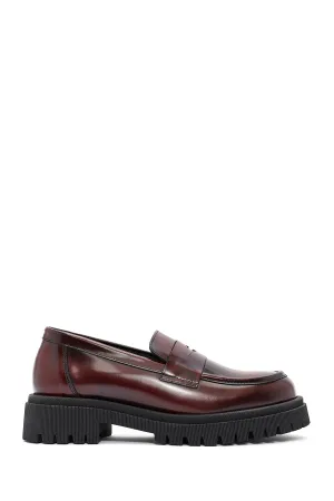 Kadın Bordo Kalın Tabanlı Deri Loafer