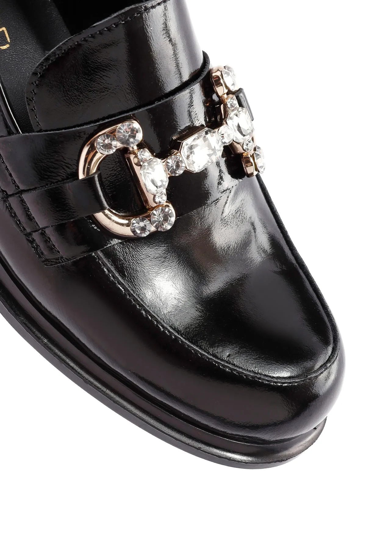 Kadın Siyah Taş Detaylı Deri Maskülen Loafer