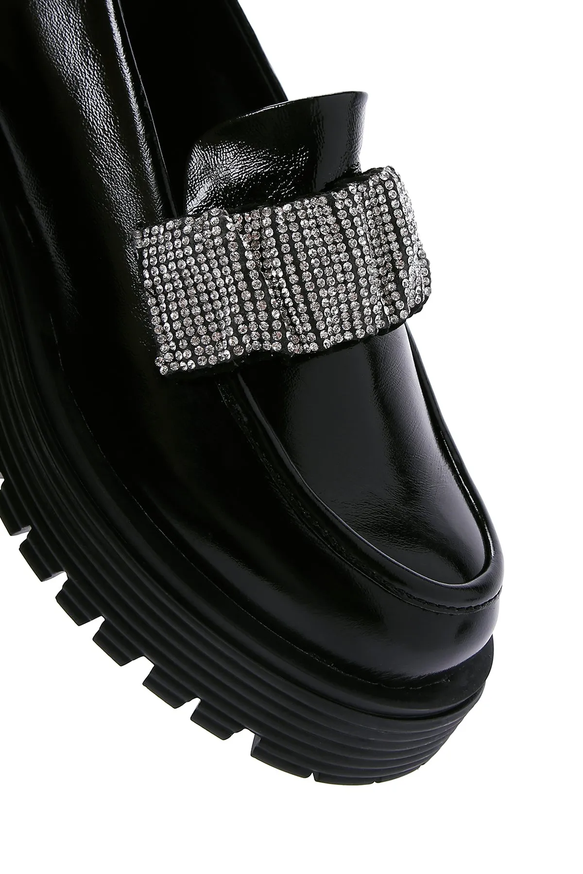 Kadın Siyah Taş Detaylı Deri Maskülen Loafer