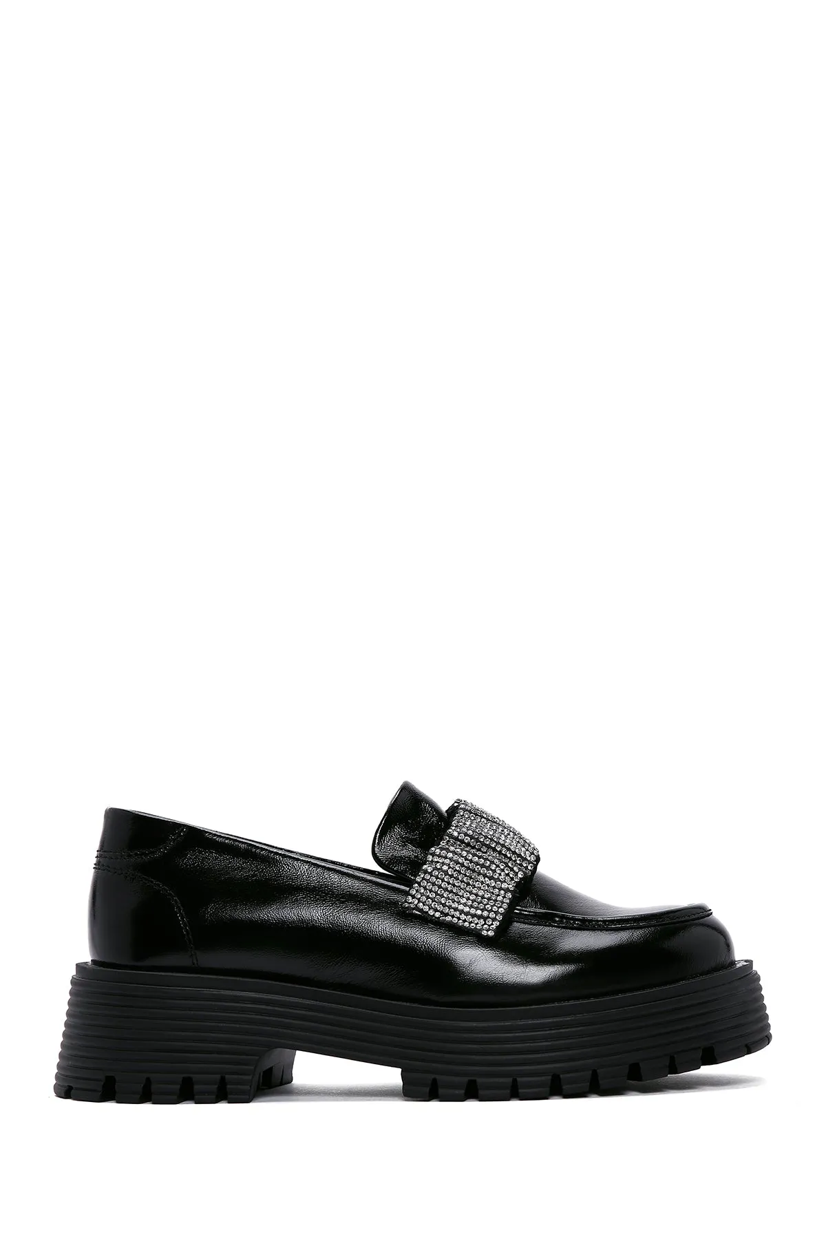 Kadın Siyah Taş Detaylı Deri Maskülen Loafer