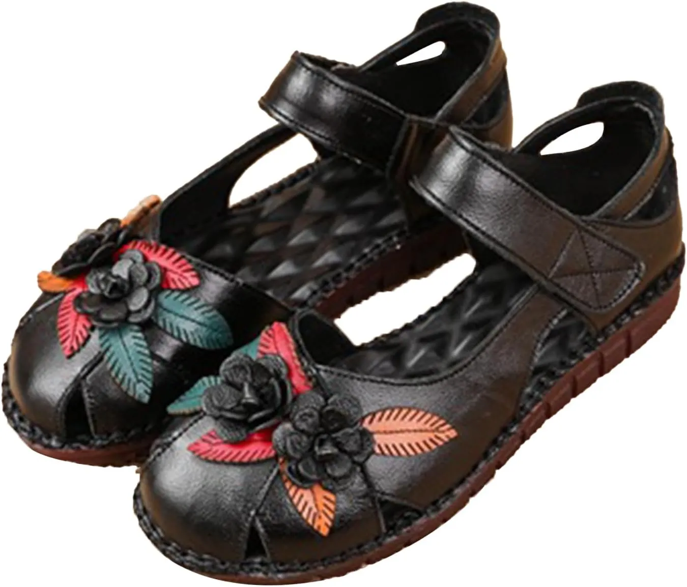 Keilinia Women's Summer Casual Closed Toe Flat Leather Sandals,Comfort Vintage Flowers Soft Sole Oxford Dress Mary Jane Shoes