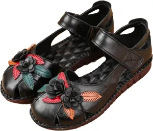Keilinia Women's Summer Casual Closed Toe Flat Leather Sandals,Comfort Vintage Flowers Soft Sole Oxford Dress Mary Jane Shoes