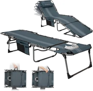 KingCamp Tanning Chair with Face Hole, Lounge Chairs Outdoor Folding Portable Comfy Adjustable 5-Position Lay Flat Foldable Chaise Chaser Lounger for Outside Beach Patio Sun Bathing Pool, Blue/Grey