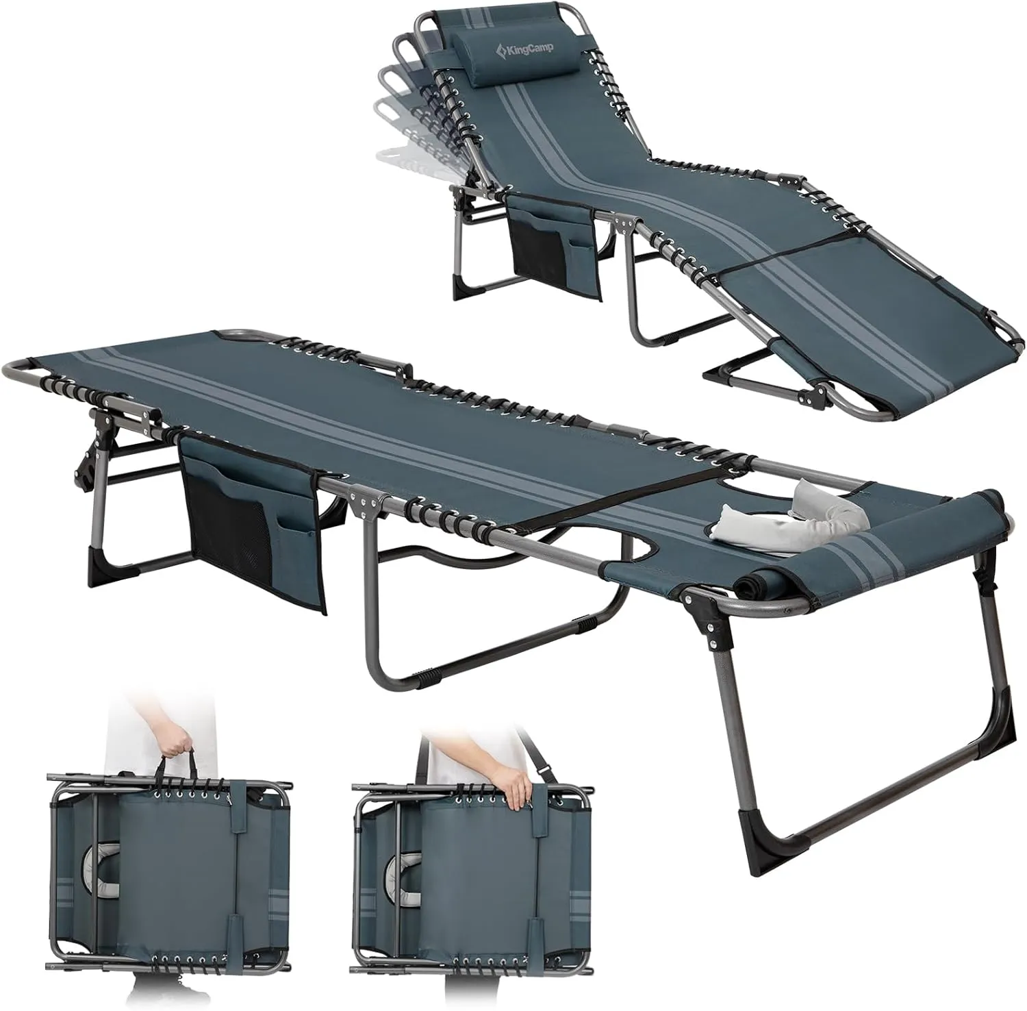 KingCamp Tanning Chair with Face Hole, Lounge Chairs Outdoor Folding Portable Comfy Adjustable 5-Position Lay Flat Foldable Chaise Chaser Lounger for Outside Beach Patio Sun Bathing Pool, Blue/Grey