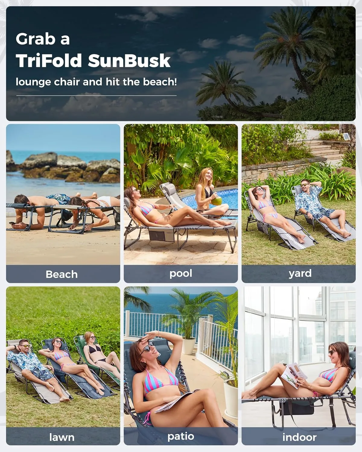 KingCamp Tanning Chair with Face Hole, Lounge Chairs Outdoor Folding Portable Comfy Adjustable 5-Position Lay Flat Foldable Chaise Chaser Lounger for Outside Beach Patio Sun Bathing Pool, Blue/Grey