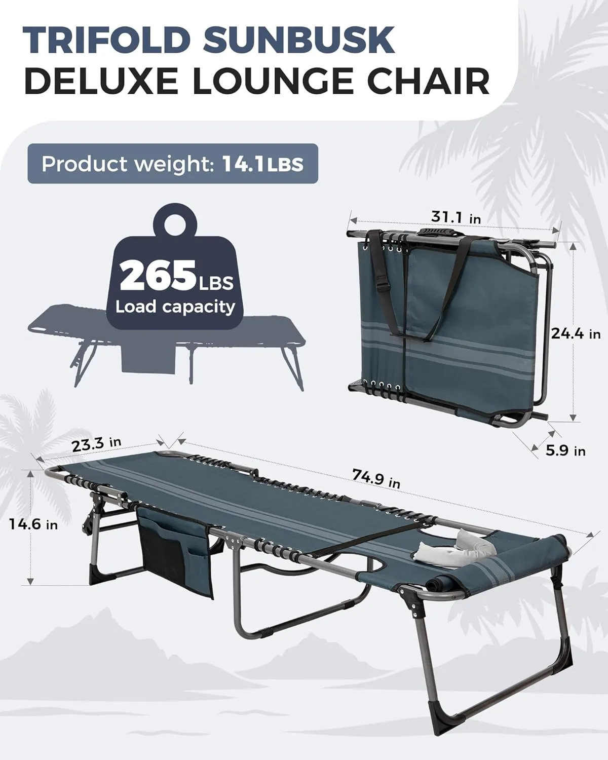KingCamp Tanning Chair with Face Hole, Lounge Chairs Outdoor Folding Portable Comfy Adjustable 5-Position Lay Flat Foldable Chaise Chaser Lounger for Outside Beach Patio Sun Bathing Pool, Blue/Grey