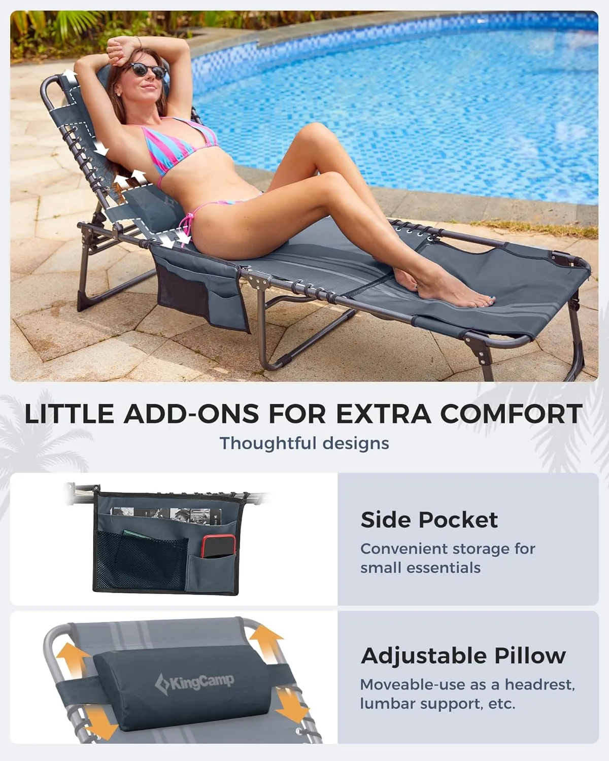 KingCamp Tanning Chair with Face Hole, Lounge Chairs Outdoor Folding Portable Comfy Adjustable 5-Position Lay Flat Foldable Chaise Chaser Lounger for Outside Beach Patio Sun Bathing Pool, Blue/Grey